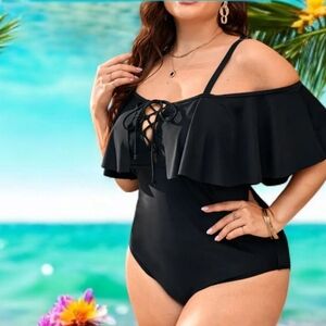 Ruffle Lace Up One Piece Black Swimsuit